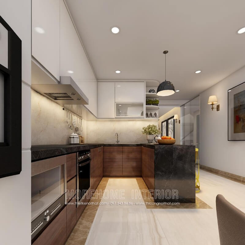 Thiết kế tủ bếp hiện đại gỗ Veneer óc chó kết hợp gỗ Acrylic đầy lạ mắt, tạo điểm cuốn hút cho bất kì ánh nhìn của vị khách tới chơi nhà  Tủ bếp gỗ công nghiệp và tủ bếp acrylic