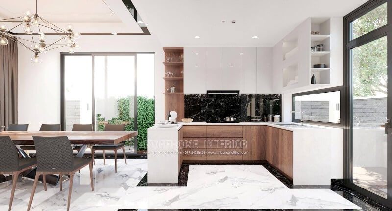 Mẫu tủ bếp cao cấp được thiết kế ấn tượng với sự phân chia khoa học mang lại sự thuận tiện cho người nấu.