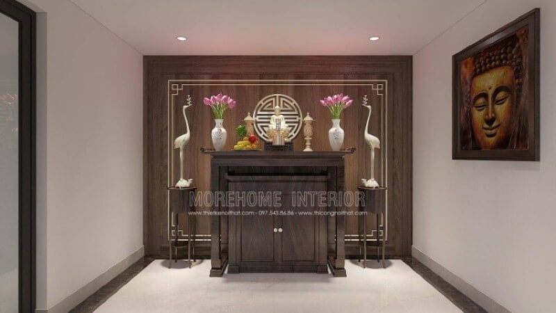 Mẫu thiết kế phòng thờ sử dụng chất liệu tủ thờ  gỗ óc chó tự nhiên cùng tấm gỗ ốp tường trang trí sẽ là một lựa chọn đáng chú ý cho các không gian rộng như biệt thự, nhà phố.