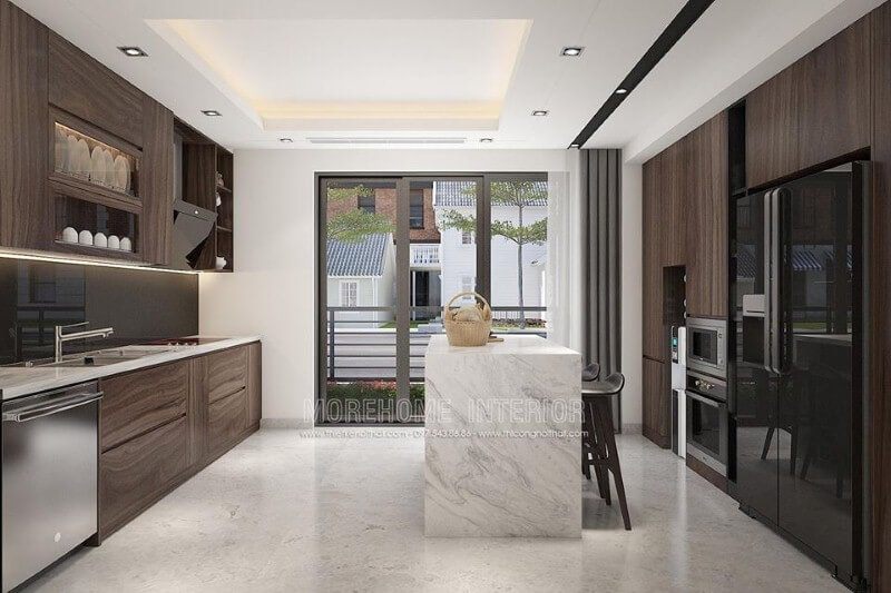 Bố trí phòng bếp đảo ấn tượng với nội thất gỗ công nghiệp cao cấp kết hợp bàn đảo đá ốp sang trọng.