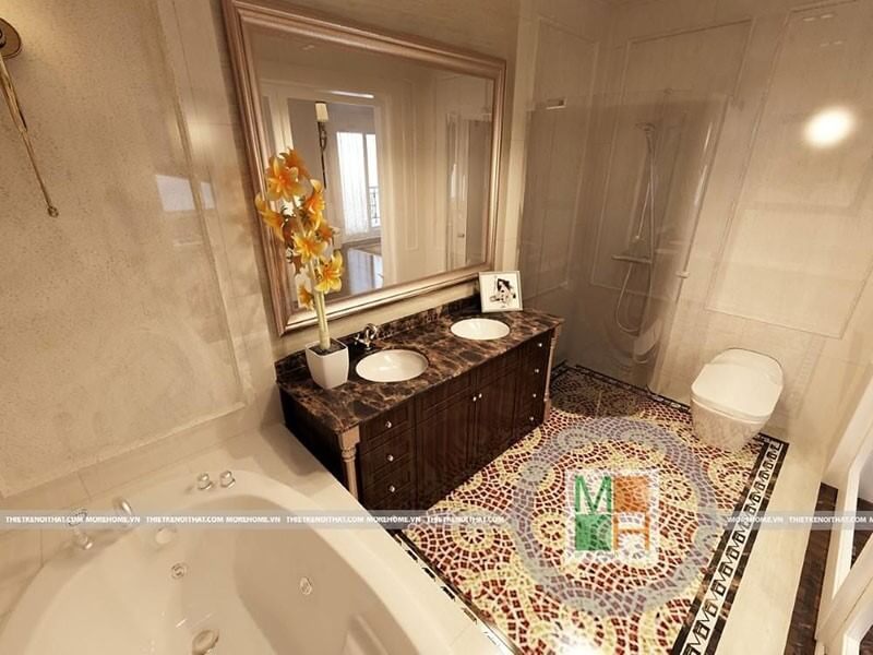 Mẫu tủ kệ lavabo gỗ tự nhiên, với mặt tủ ốp đá cao cấp, là sự lựa chọn hoàn hảo cho phòng tắm đẳng cấp.